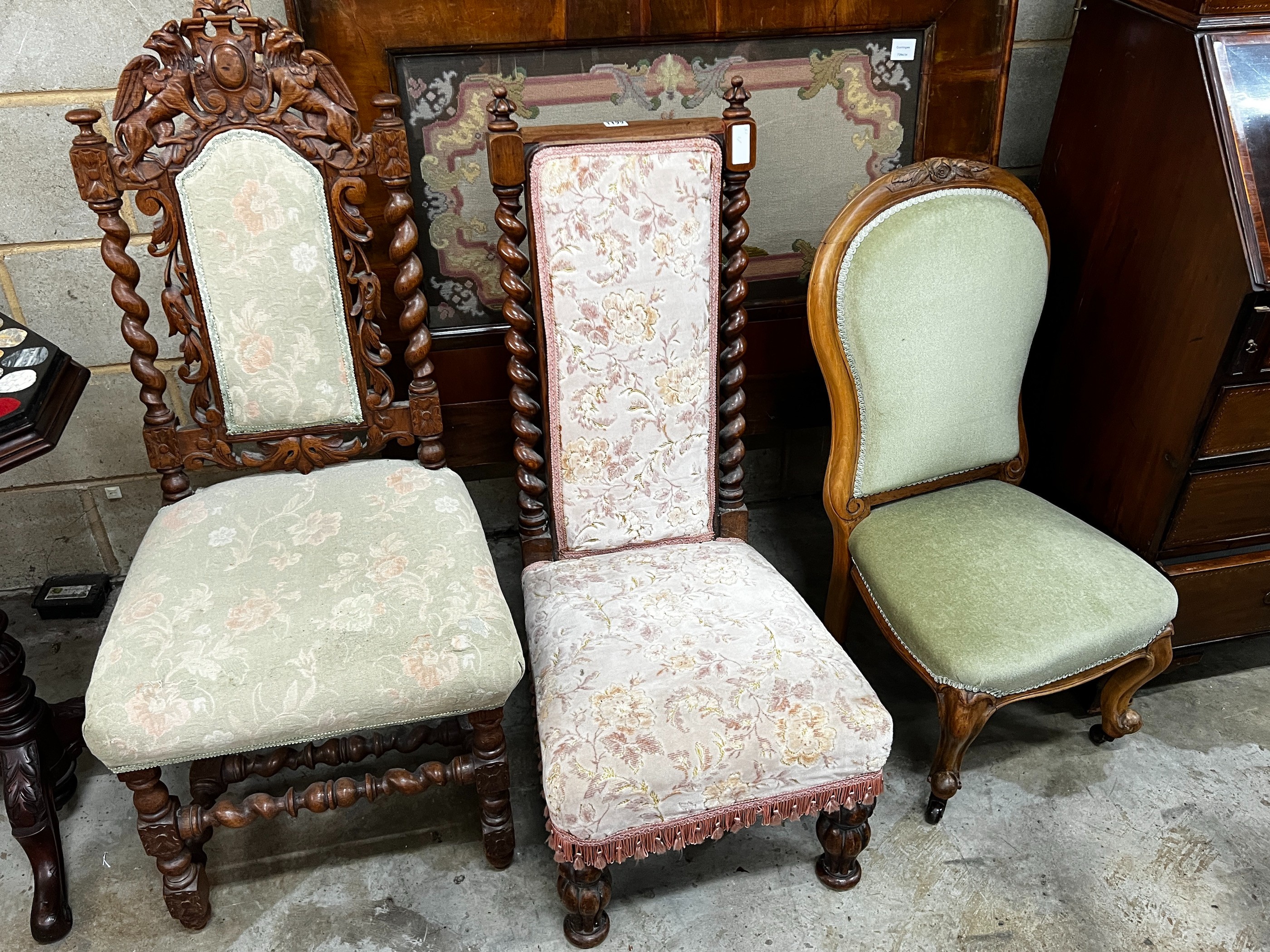 A Victorian walnut prie-dieu nursing chair, an oak barley twist single chair and one other chair